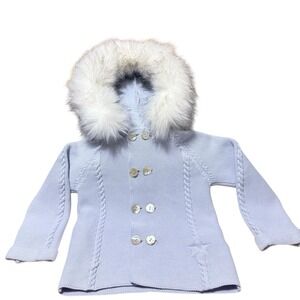 NWOT Boutique Girls Caramelo 4-5 Hooded Cardigan Removable Faux Fur Trim Blue